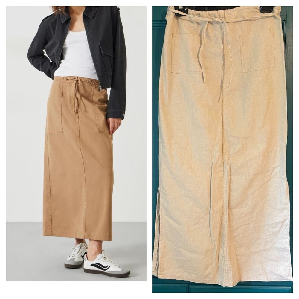 Y2K Linen Blend Cargo Long Skirt w slits - draw string waist sz XS - Picture 1 of 5